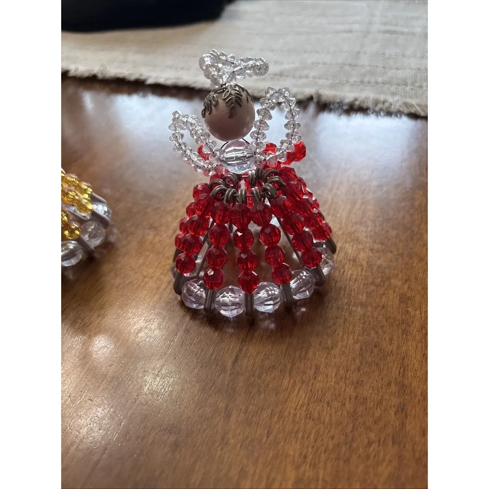 Vintage Safety Pin Beaded Doll Ornaments Set Of 2‎ Red And Yellow